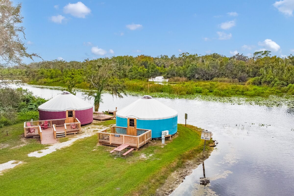 Aerial view of the yurts on the river