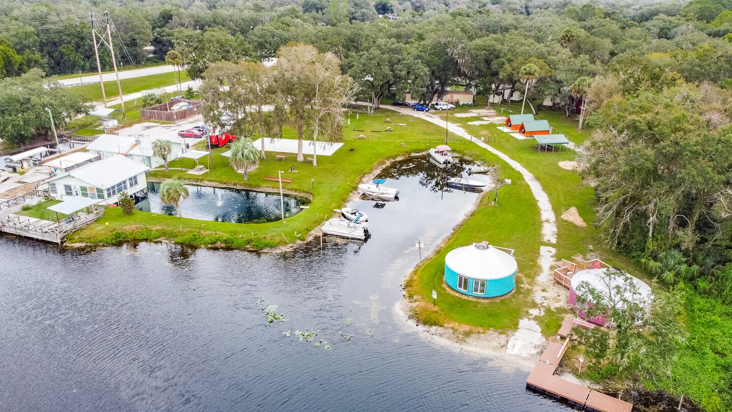 Aerial view of the marina, store, yurts and cabins